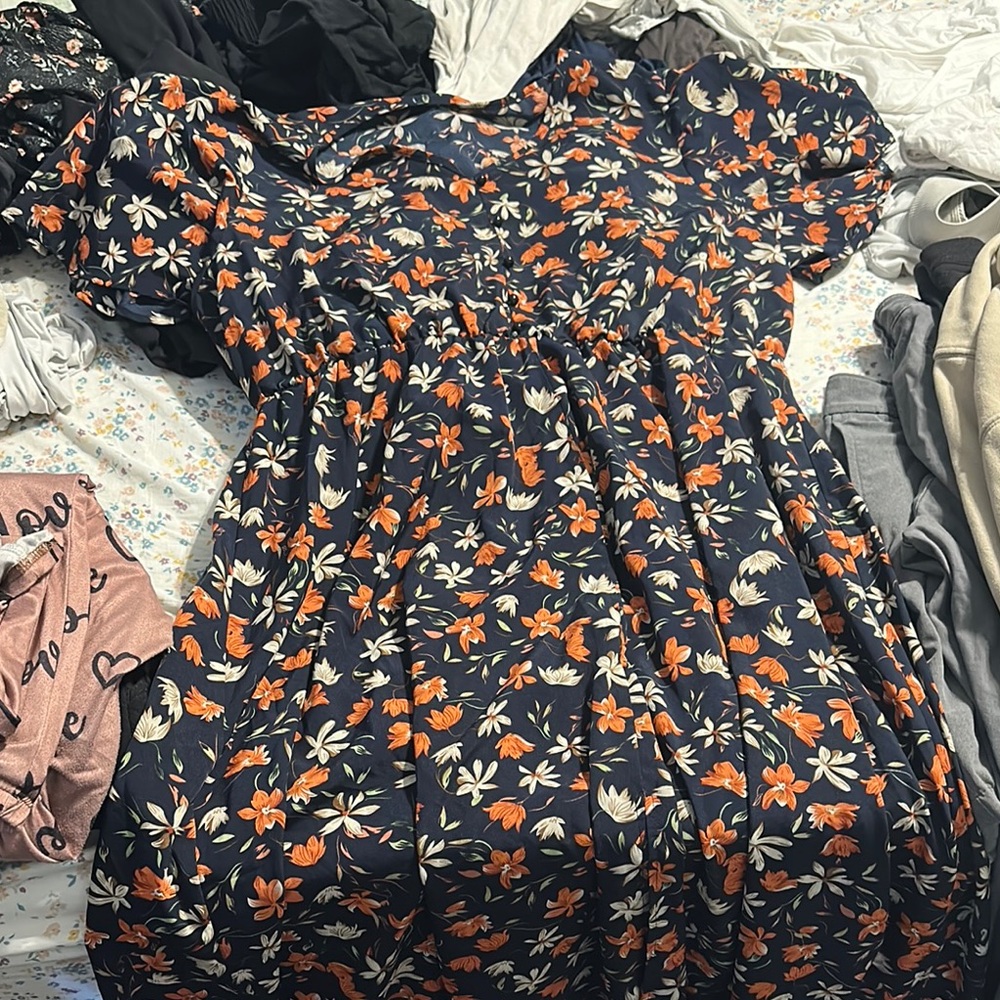 Floral Navy Dress with Orange and White Accents